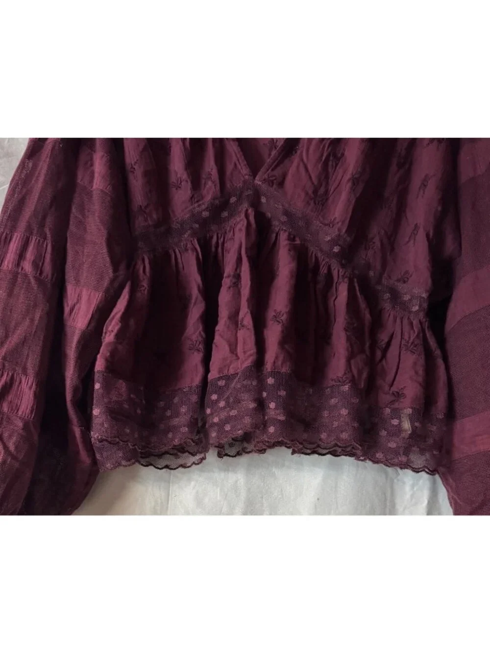 Free People Sheer Embroidered Boho Peplum Blouse With Lace Hem & V-Neck